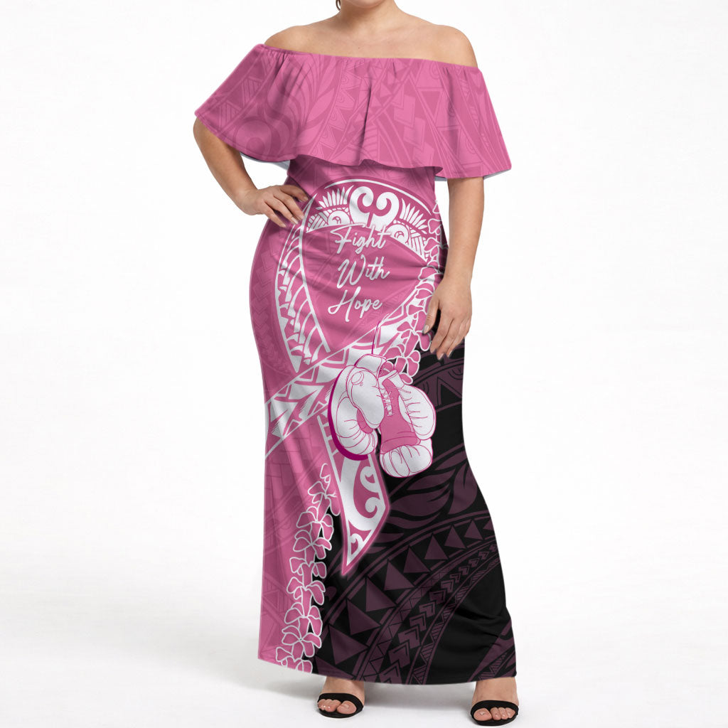 Personalised Polynesia Breast Cancer Awareness Off Shoulder Maxi Dress Fight With Hope Pink Ribbon Boxing Gloves