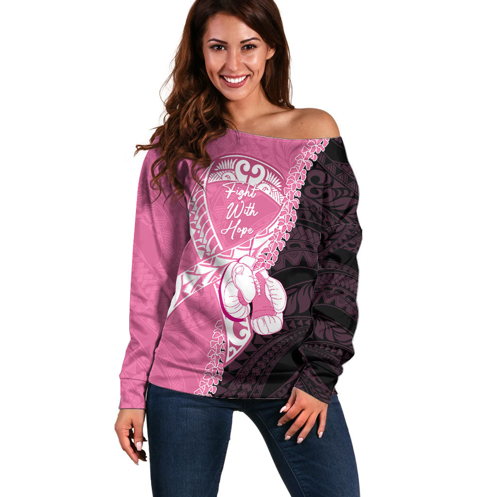 Personalised Polynesia Breast Cancer Awareness Off Shoulder Sweater Fight With Hope Pink Ribbon Boxing Gloves