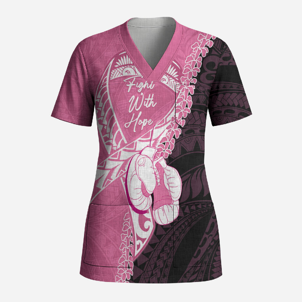 Personalised Polynesia Breast Cancer Awareness Scrub Top Fight With Hope Pink Ribbon Boxing Gloves