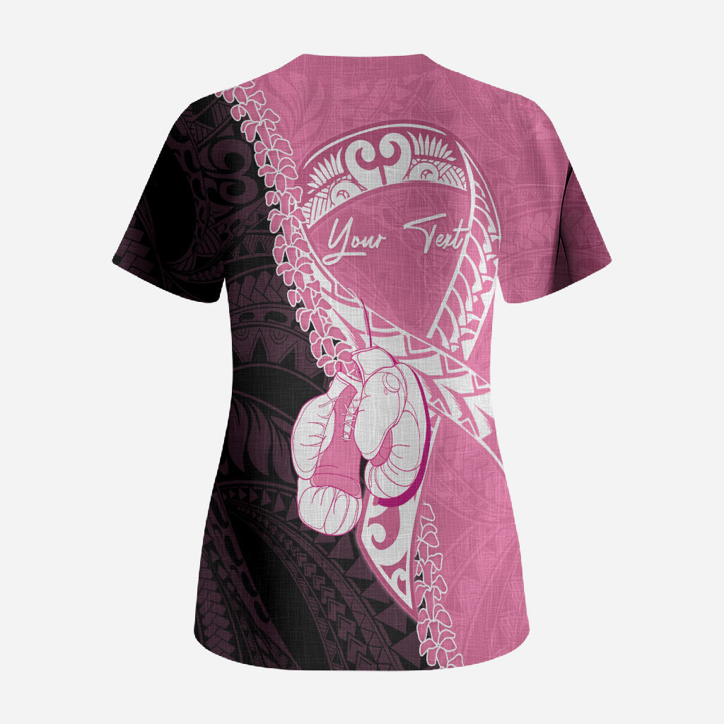 Personalised Polynesia Breast Cancer Awareness Scrub Top Fight With Hope Pink Ribbon Boxing Gloves