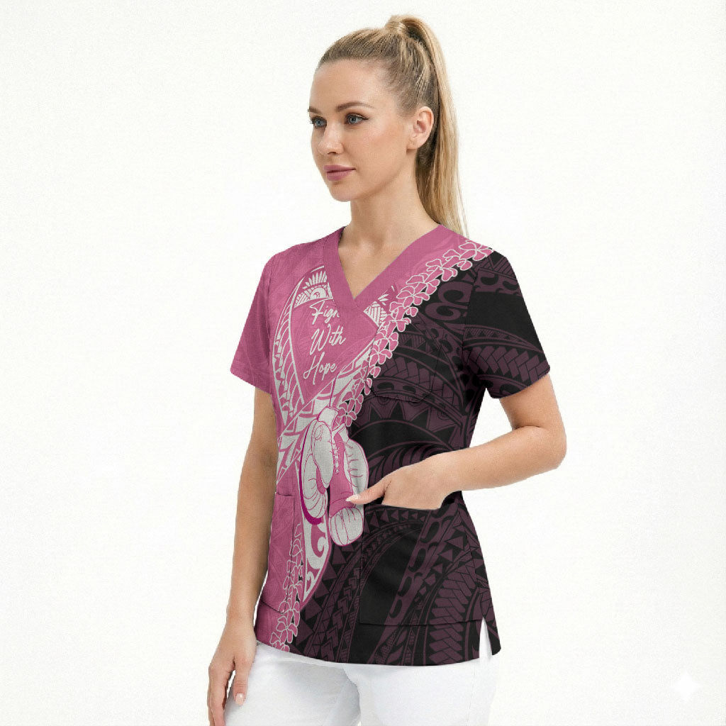 Personalised Polynesia Breast Cancer Awareness Scrub Top Fight With Hope Pink Ribbon Boxing Gloves
