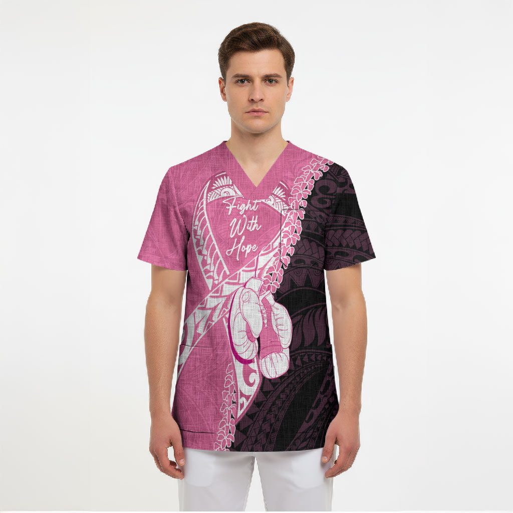 Personalised Polynesia Breast Cancer Awareness Scrub Top Fight With Hope Pink Ribbon Boxing Gloves
