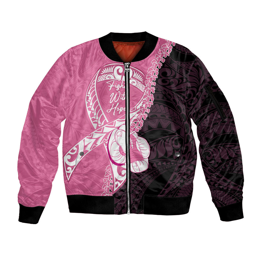 Personalised Polynesia Breast Cancer Awareness Sleeve Zip Bomber Jacket Fight With Hope Pink Ribbon Boxing Gloves