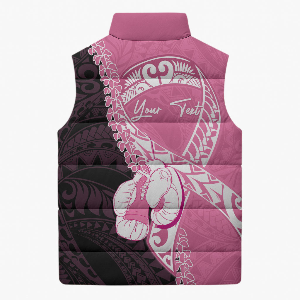 Personalised Polynesia Breast Cancer Awareness Sleeveless Puffer Jacket Fight With Hope Pink Ribbon Boxing Gloves