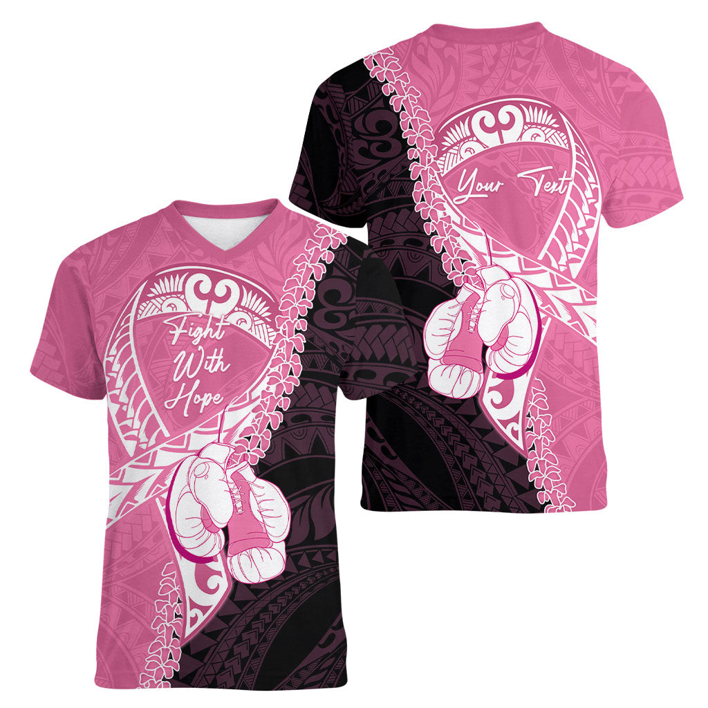 Personalised Polynesia Breast Cancer Awareness Women V-Neck T-Shirt Fight With Hope Pink Ribbon Boxing Gloves