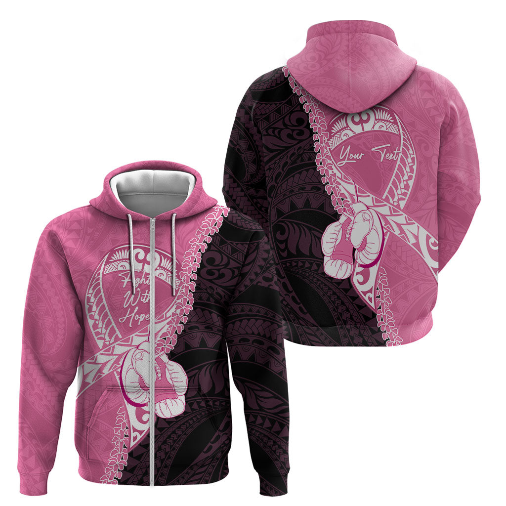 Personalised Polynesia Breast Cancer Awareness Zip Hoodie Fight With Hope Pink Ribbon Boxing Gloves
