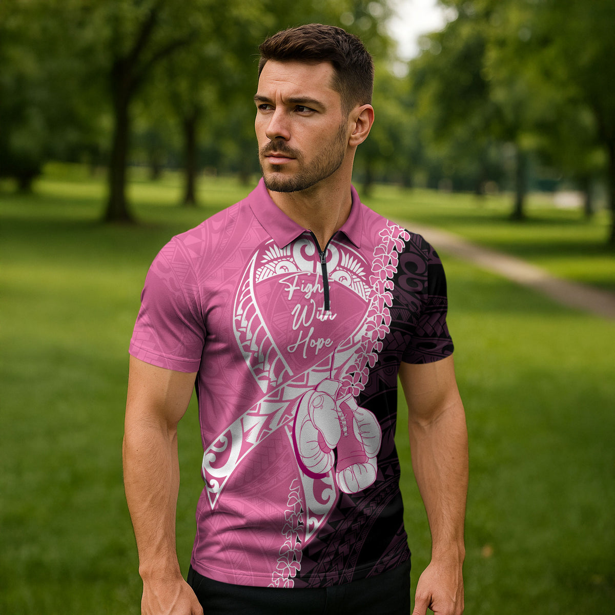 Personalised Polynesia Breast Cancer Awareness Zipper Polo Shirt Fight With Hope Pink Ribbon Boxing Gloves