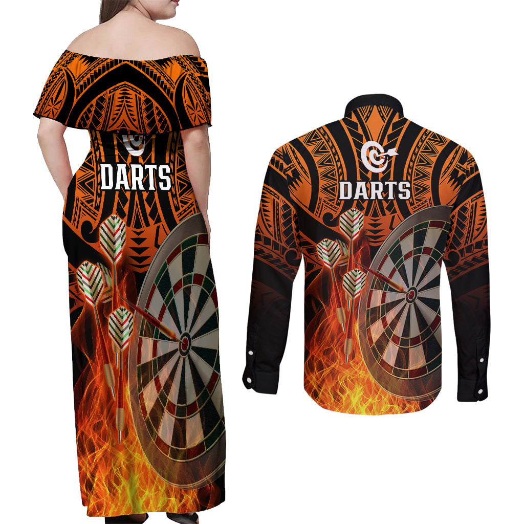 Personalised Polynesian Darts Couples Matching Off Shoulder Maxi Dress and Long Sleeve Button Shirts Fire Burning With Tribal Tattoo LT14 - Polynesian Pride