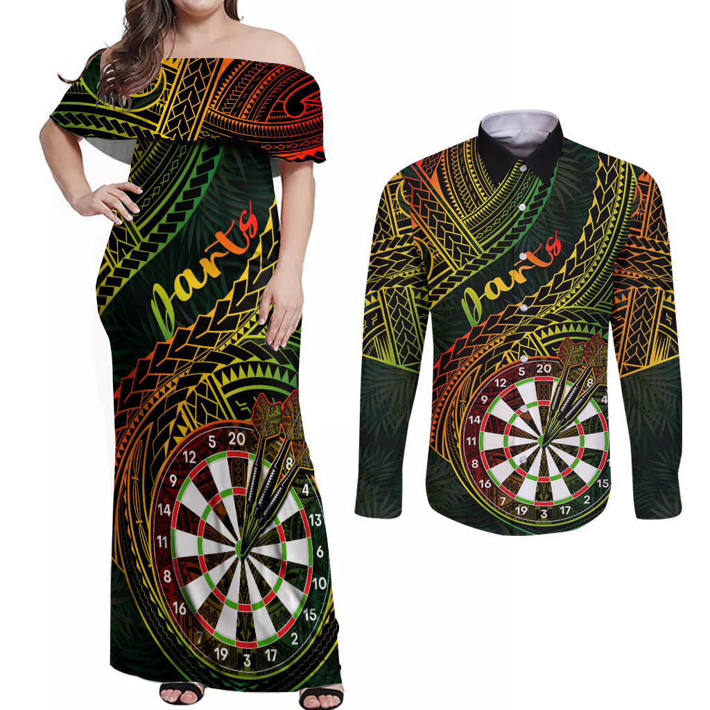 Personalised Polynesian Darts Couples Matching Off Shoulder Maxi Dress and Long Sleeve Button Shirts Dart Lovers Tribal Pattern Mix Tropical Leaves LT14 Reggae - Polynesian Pride