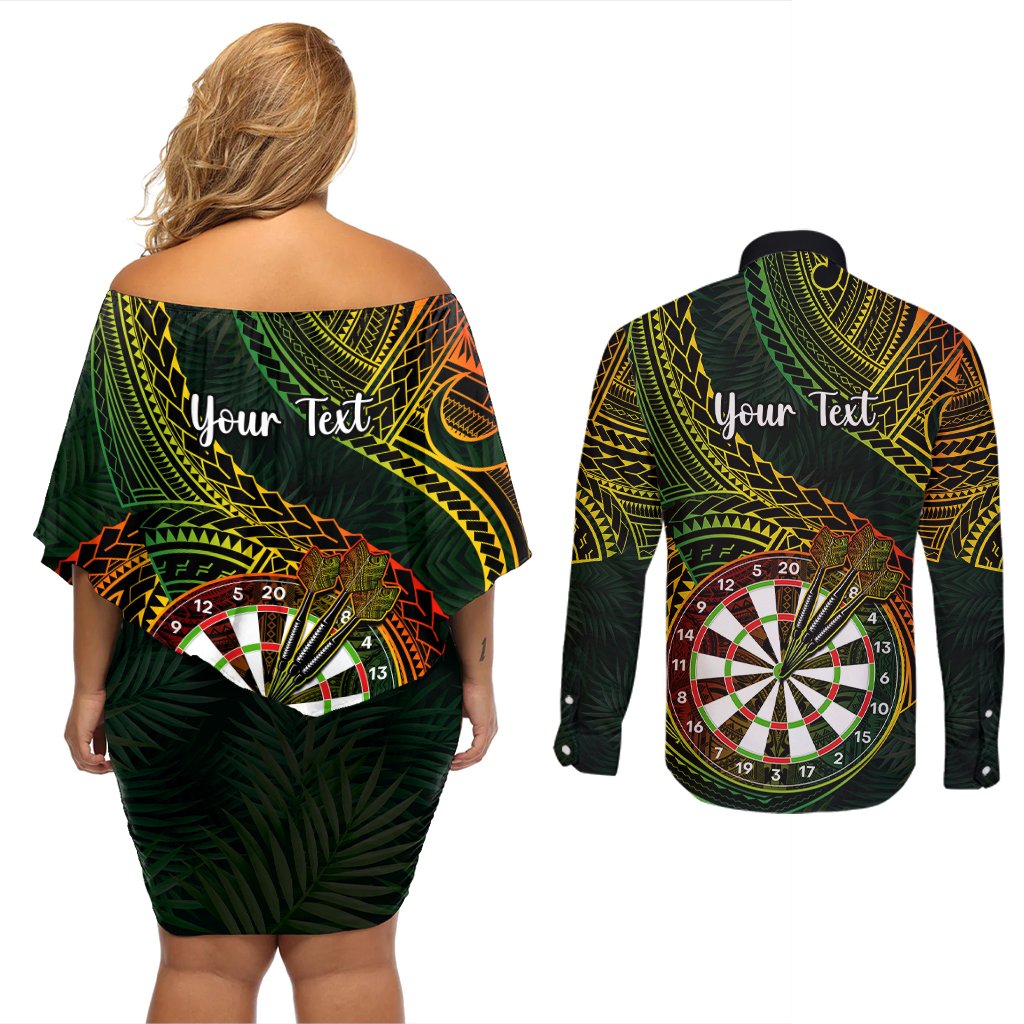 Personalised Polynesian Darts Couples Matching Off Shoulder Short Dress and Long Sleeve Button Shirts Dart Lovers Tribal Pattern Mix Tropical Leaves LT14 - Polynesian Pride