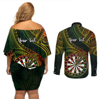 Personalised Polynesian Darts Couples Matching Off Shoulder Short Dress and Long Sleeve Button Shirts Dart Lovers Tribal Pattern Mix Tropical Leaves LT14 - Polynesian Pride