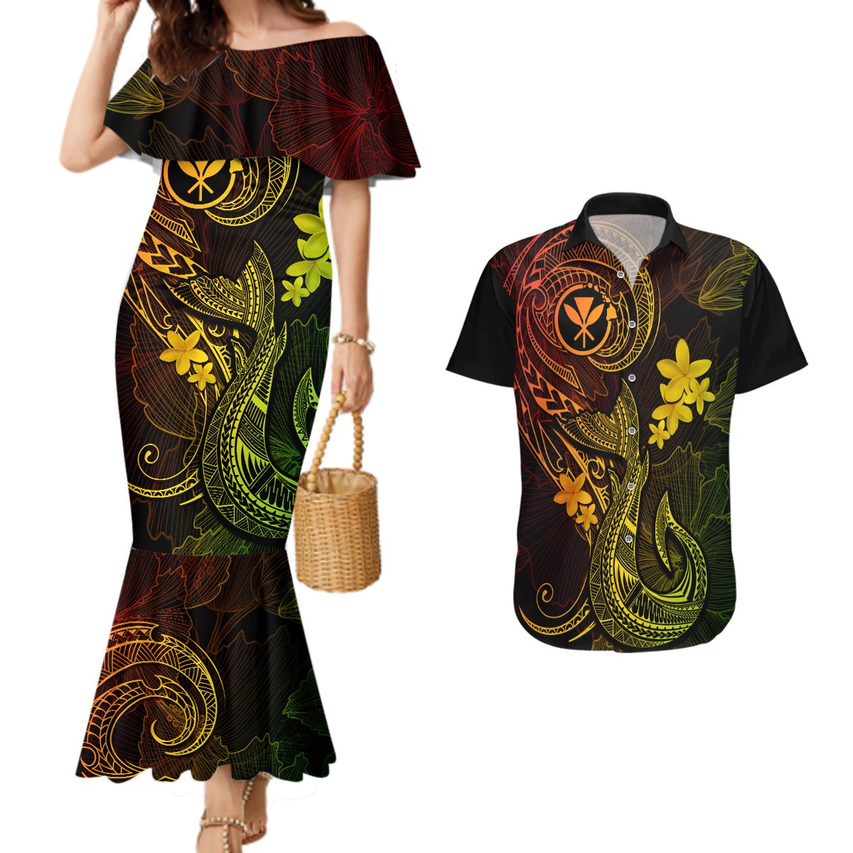 Hawaii Couples Matching Mermaid Dress and Hawaiian Shirt Fish Hook Tattoo Mix Polynesian Plumeria Reggae Version LT14 Reggae - Polynesian Pride