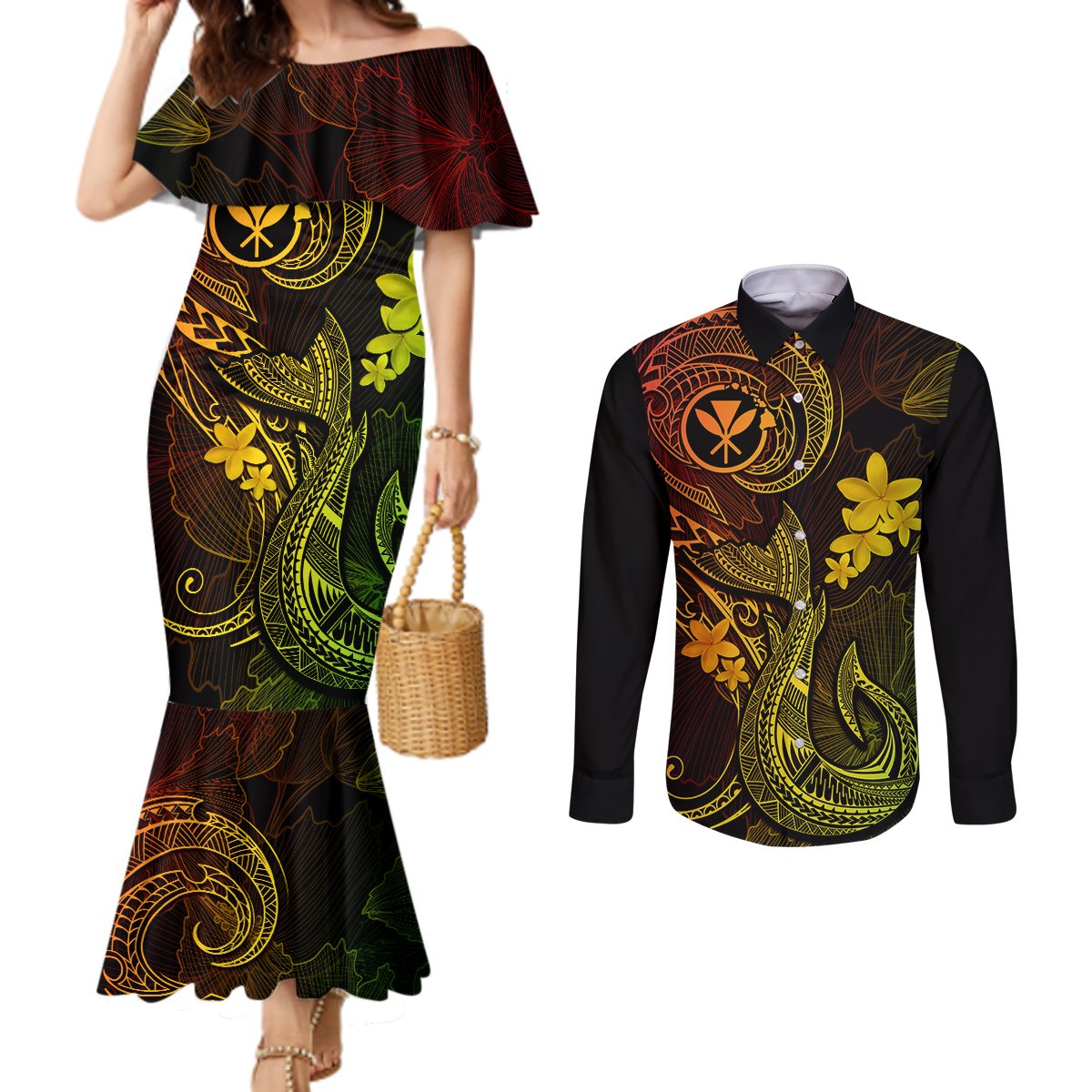 Hawaii Couples Matching Mermaid Dress and Long Sleeve Button Shirts Fish Hook Tattoo Mix Polynesian Plumeria Reggae Version LT14 Reggae - Polynesian Pride