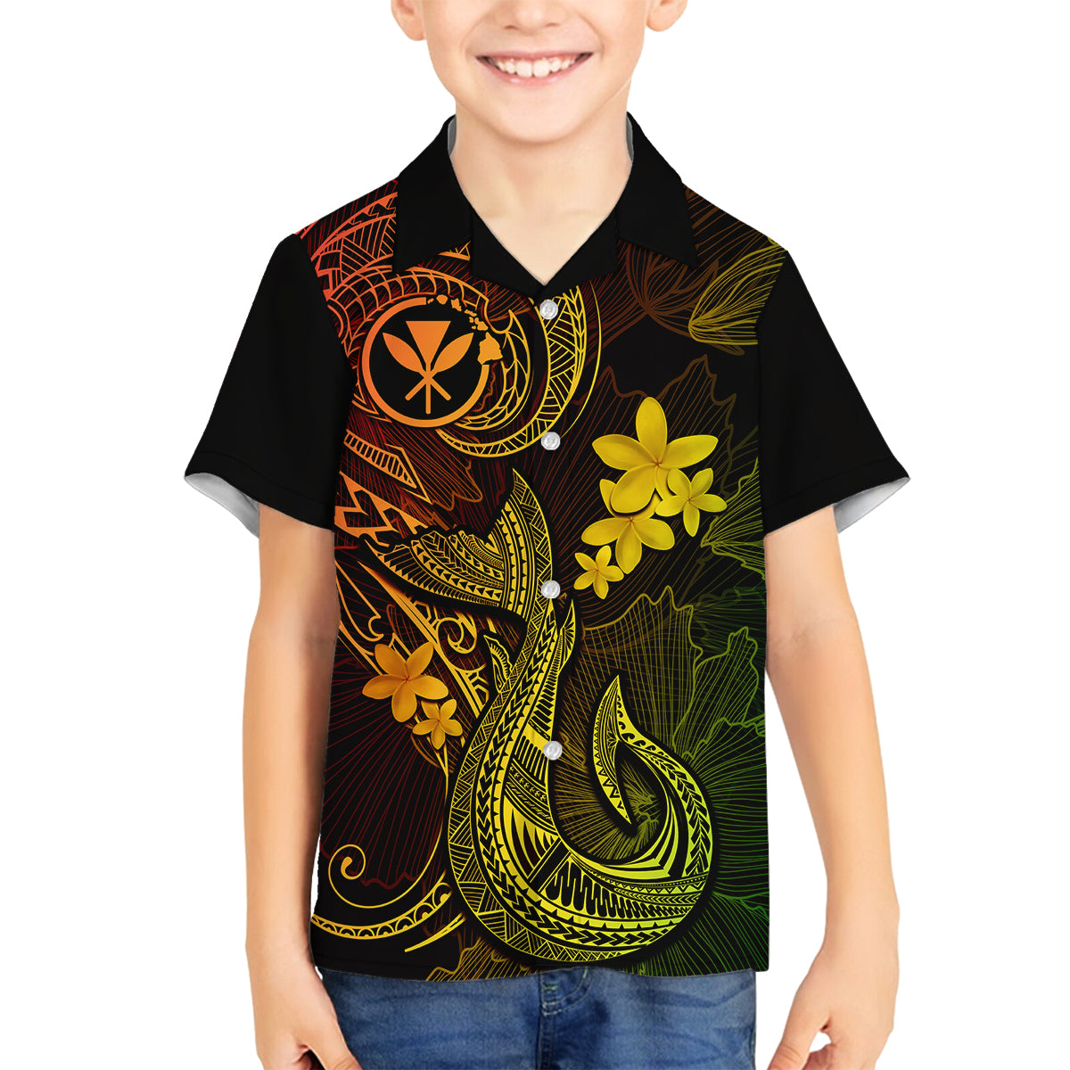 Hawaii Family Matching Puletasi Dress and Hawaiian Shirt Fish Hook Tattoo Mix Polynesian Plumeria Reggae Version LT14 Son's Shirt Reggae - Polynesian Pride