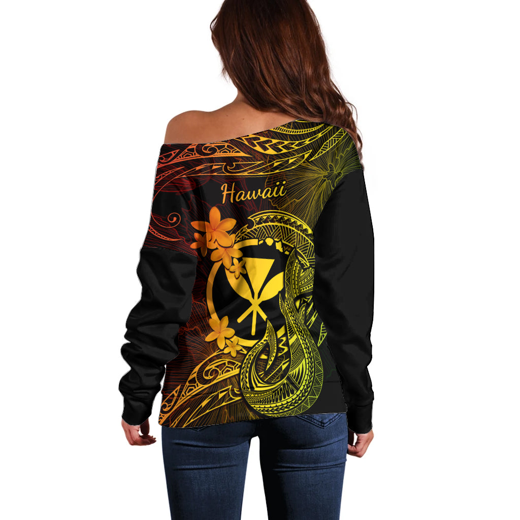 Hawaii Off Shoulder Sweater Fish Hook Tattoo Mix Polynesian Plumeria Reggae Version LT14 - Polynesian Pride