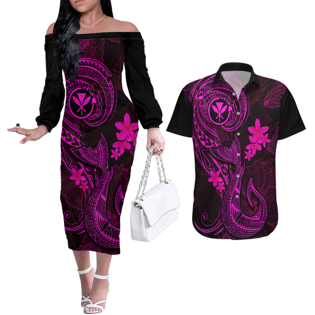 Hawaii Couples Matching Off The Shoulder Long Sleeve Dress and Hawaiian Shirt Fish Hook Tattoo Mix Polynesian Plumeria Pink Version LT14 Pink - Polynesian Pride
