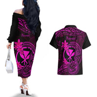Hawaii Couples Matching Off The Shoulder Long Sleeve Dress and Hawaiian Shirt Fish Hook Tattoo Mix Polynesian Plumeria Pink Version LT14 - Polynesian Pride