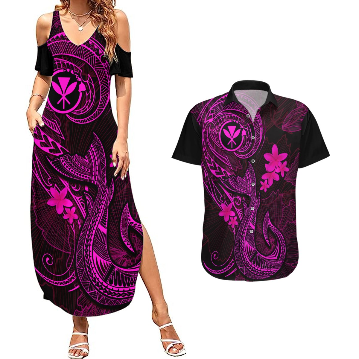 Hawaii Couples Matching Summer Maxi Dress and Hawaiian Shirt Fish Hook Tattoo Mix Polynesian Plumeria Pink Version LT14 Pink - Polynesian Pride