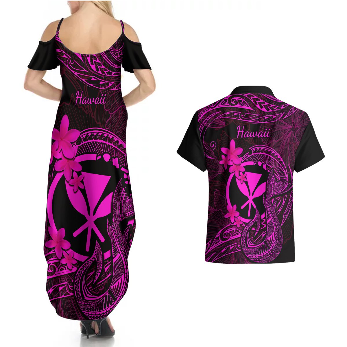 Hawaii Couples Matching Summer Maxi Dress and Hawaiian Shirt Fish Hook Tattoo Mix Polynesian Plumeria Pink Version LT14 - Polynesian Pride