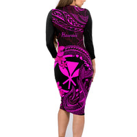 Hawaii Family Matching Long Sleeve Bodycon Dress and Hawaiian Shirt Fish Hook Tattoo Mix Polynesian Plumeria Pink Version LT14 - Polynesian Pride