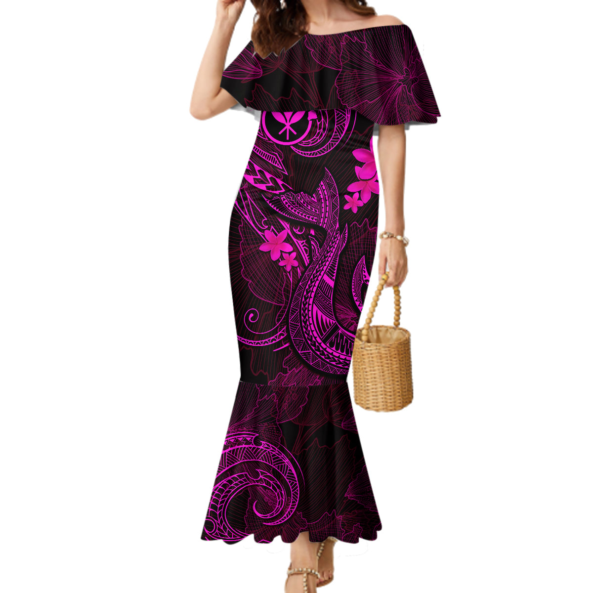 Hawaii Family Matching Mermaid Dress and Hawaiian Shirt Fish Hook Tattoo Mix Polynesian Plumeria Pink Version LT14 Mom's Dress Pink - Polynesian Pride
