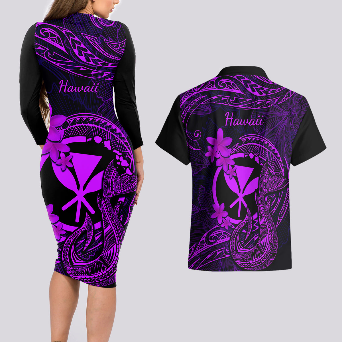 Hawaii Couples Matching Long Sleeve Bodycon Dress and Hawaiian Shirt Fish Hook Tattoo Mix Polynesian Plumeria Purple Version LT14 - Polynesian Pride
