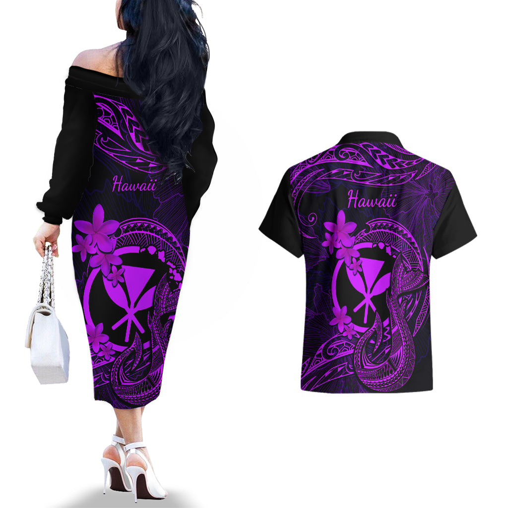 Hawaii Couples Matching Off The Shoulder Long Sleeve Dress and Hawaiian Shirt Fish Hook Tattoo Mix Polynesian Plumeria Purple Version LT14 - Polynesian Pride