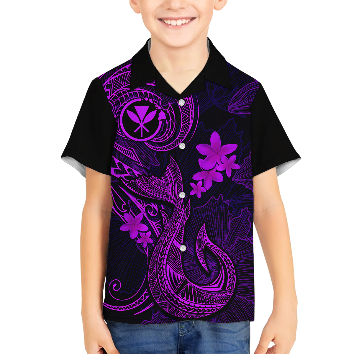 Hawaii Family Matching Off Shoulder Long Sleeve Dress and Hawaiian Shirt Fish Hook Tattoo Mix Polynesian Plumeria Purple Version LT14 Son's Shirt Purple - Polynesian Pride