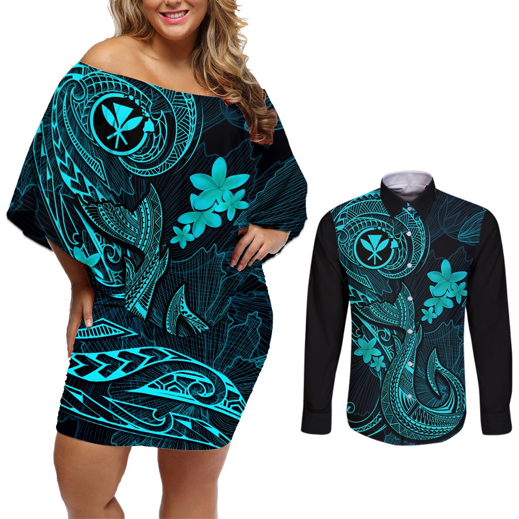 Hawaii Couples Matching Off Shoulder Short Dress and Long Sleeve Button Shirts Fish Hook Tattoo Mix Polynesian Plumeria Turquoise Version LT14 Turquoise - Polynesian Pride