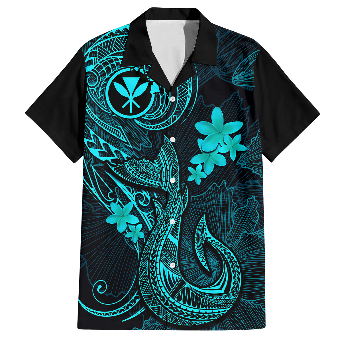 Hawaii Family Matching Puletasi Dress and Hawaiian Shirt Fish Hook Tattoo Mix Polynesian Plumeria Turquoise Version LT14 Dad's Shirt - Short Sleeve Turquoise - Polynesian Pride