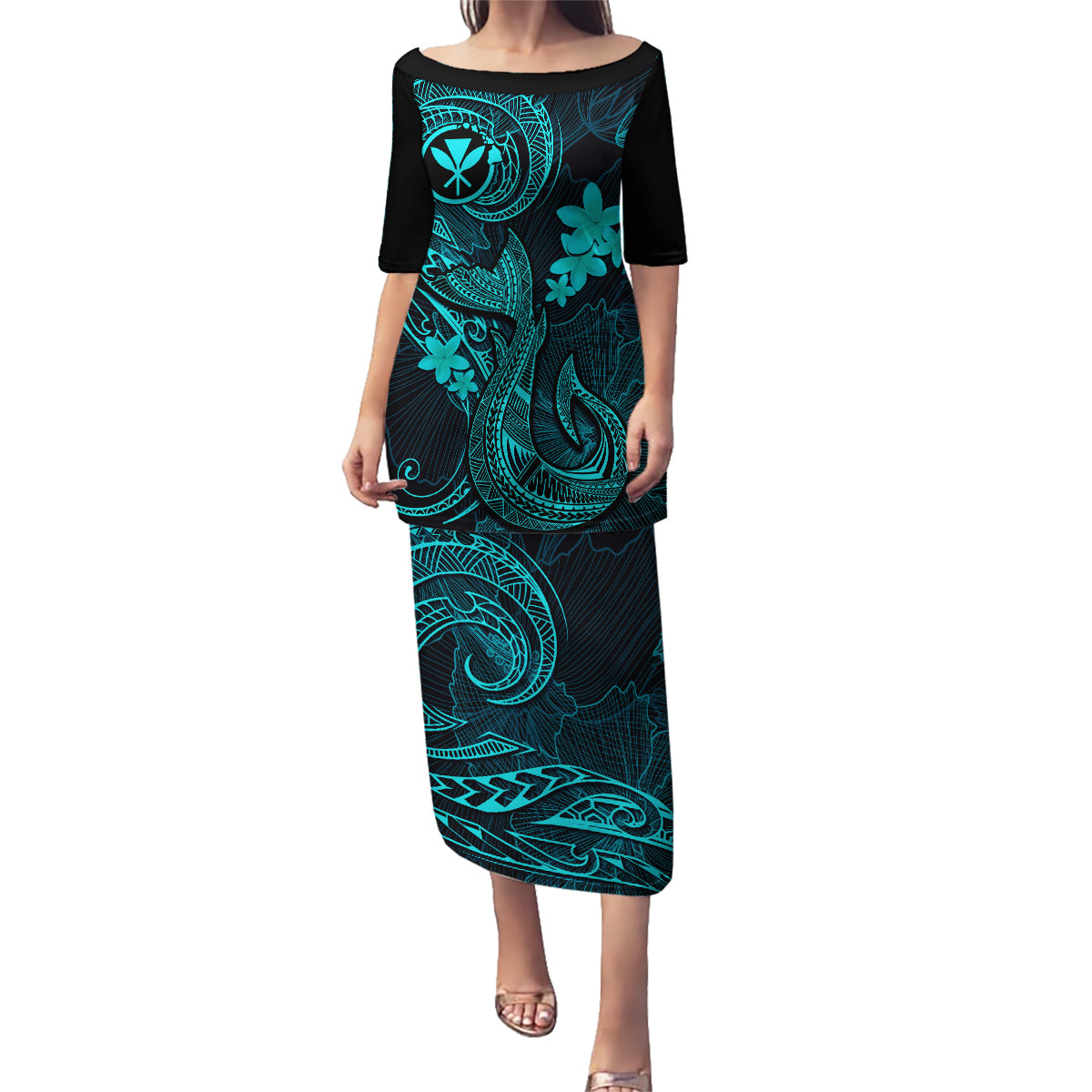 Hawaii Family Matching Puletasi Dress and Hawaiian Shirt Fish Hook Tattoo Mix Polynesian Plumeria Turquoise Version LT14 Mom's Dress Turquoise - Polynesian Pride