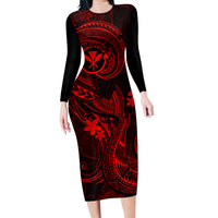Hawaii Family Matching Long Sleeve Bodycon Dress and Hawaiian Shirt Fish Hook Tattoo Mix Polynesian Plumeria Red Version LT14 Mom's Dress Red - Polynesian Pride
