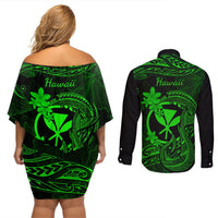 Hawaii Couples Matching Off Shoulder Short Dress and Long Sleeve Button Shirts Fish Hook Tattoo Mix Polynesian Plumeria Green Version LT14 - Polynesian Pride
