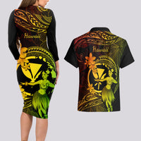Hawaii Couples Matching Long Sleeve Bodycon Dress and Hawaiian Shirt Hula Girl Mix Polynesian Plumeria Reggae Version LT14 - Polynesian Pride