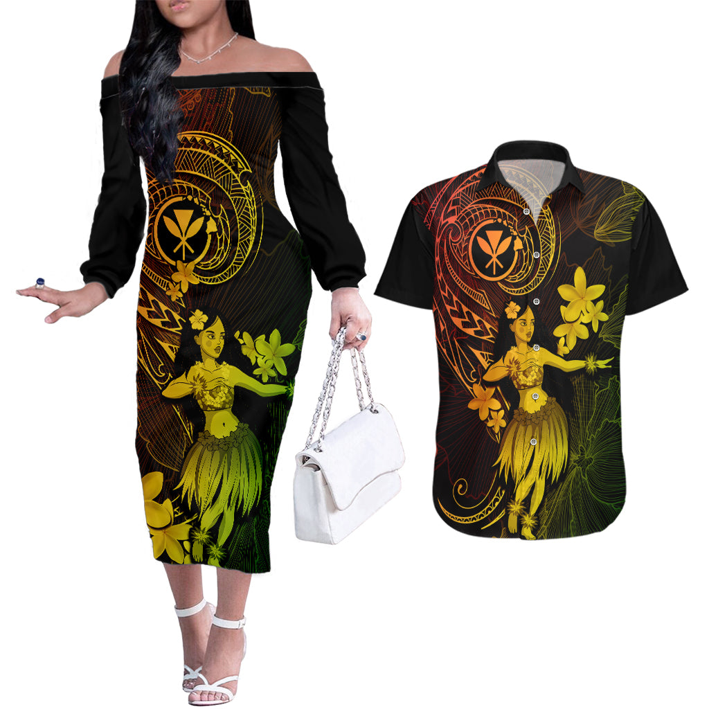 Hawaii Couples Matching Off The Shoulder Long Sleeve Dress and Hawaiian Shirt Hula Girl Mix Polynesian Plumeria Reggae Version LT14 Reggae - Polynesian Pride