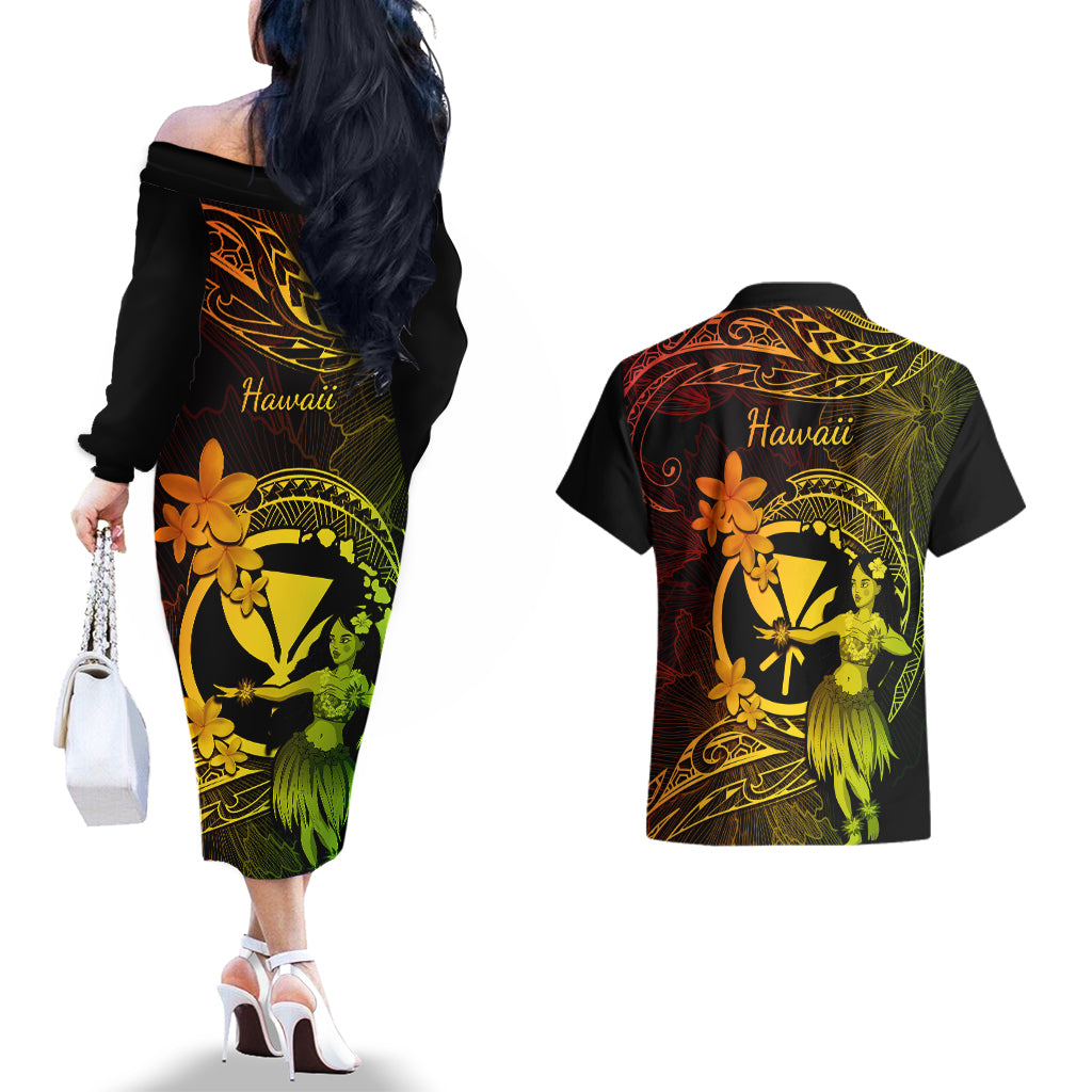 Hawaii Couples Matching Off The Shoulder Long Sleeve Dress and Hawaiian Shirt Hula Girl Mix Polynesian Plumeria Reggae Version LT14 - Polynesian Pride