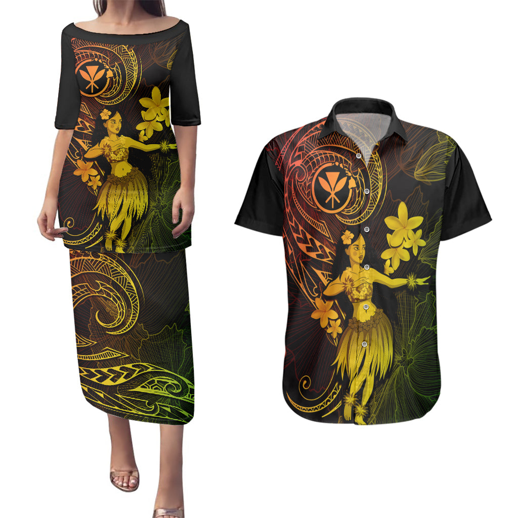 Hawaii Couples Matching Puletasi Dress and Hawaiian Shirt Hula Girl Mix Polynesian Plumeria Reggae Version LT14 Reggae - Polynesian Pride