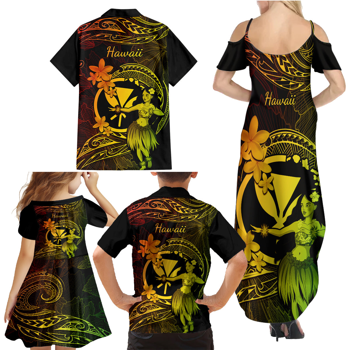 Hawaii Family Matching Summer Maxi Dress and Hawaiian Shirt Hula Girl Mix Polynesian Plumeria Reggae Version LT14 - Polynesian Pride