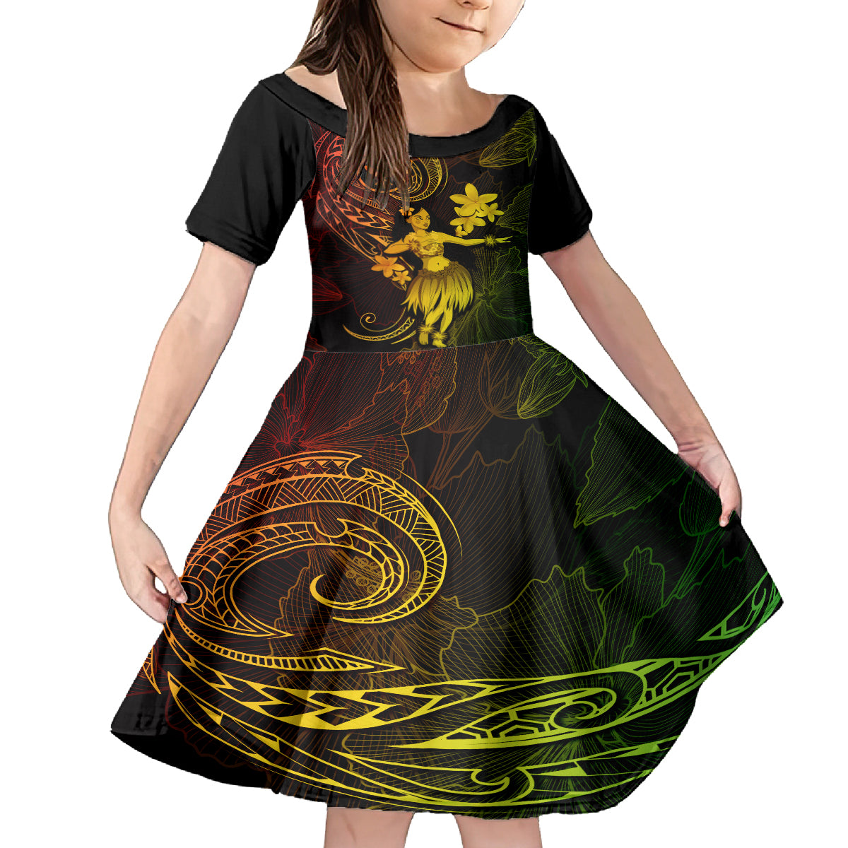 Hawaii Kid Short Sleeve Dress Hula Girl Mix Polynesian Plumeria Reggae Version LT14 KID Reggae - Polynesian Pride