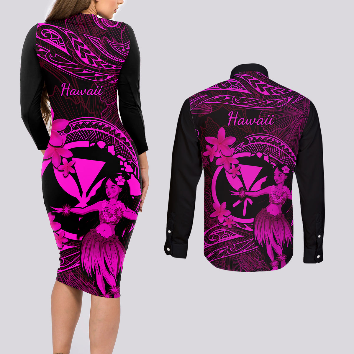 Hawaii Couples Matching Long Sleeve Bodycon Dress and Long Sleeve Button Shirts Hula Girl Mix Polynesian Plumeria Pink Version LT14 - Polynesian Pride