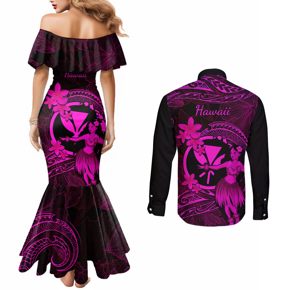 Hawaii Couples Matching Mermaid Dress and Long Sleeve Button Shirts Hula Girl Mix Polynesian Plumeria Pink Version LT14 - Polynesian Pride