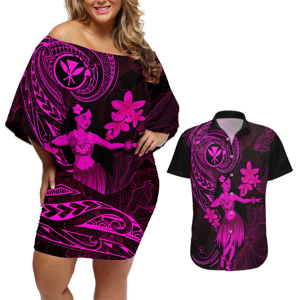 Hawaii Couples Matching Off Shoulder Short Dress and Hawaiian Shirt Hula Girl Mix Polynesian Plumeria Pink Version LT14 Pink - Polynesian Pride