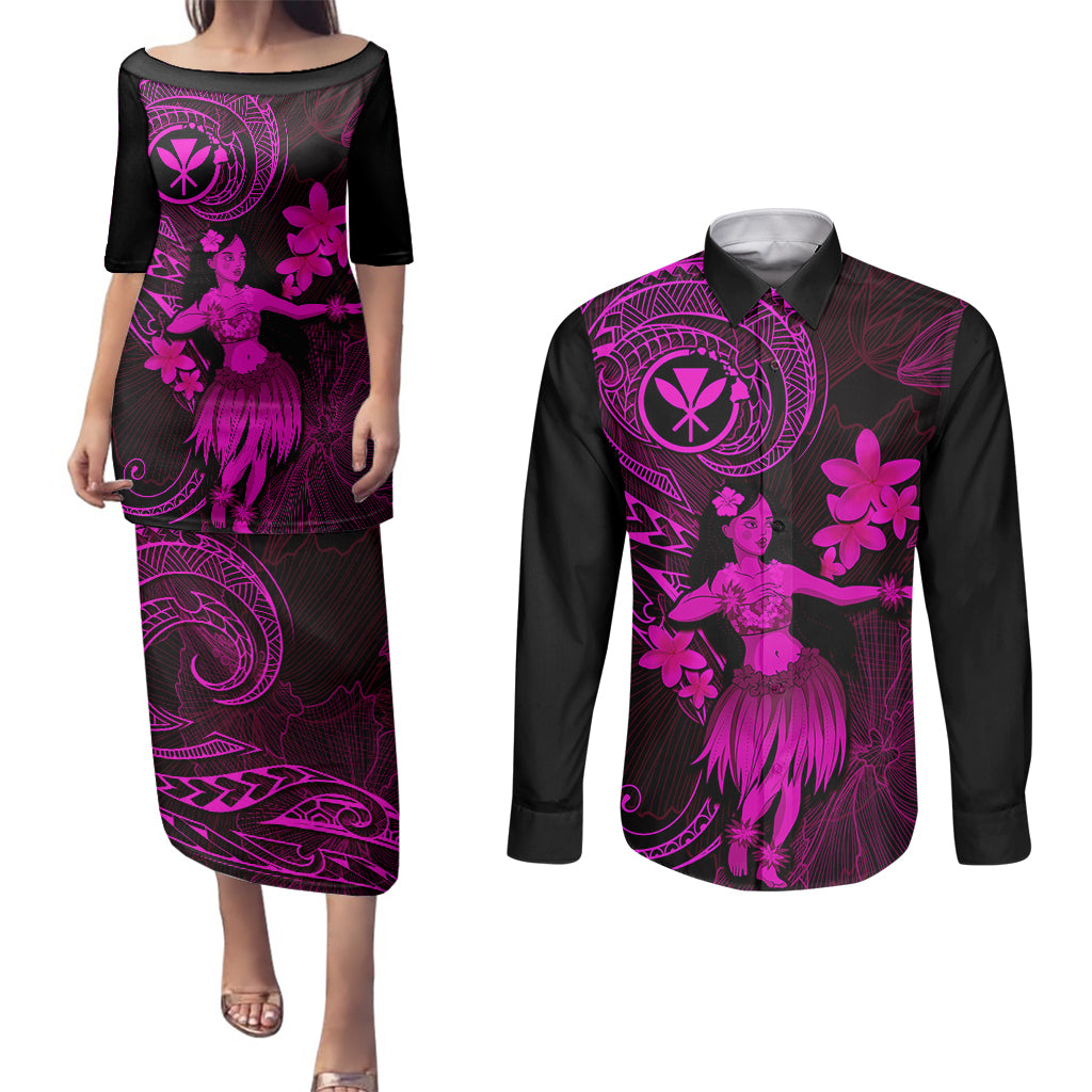 Hawaii Couples Matching Puletasi Dress and Long Sleeve Button Shirts Hula Girl Mix Polynesian Plumeria Pink Version LT14 Pink - Polynesian Pride
