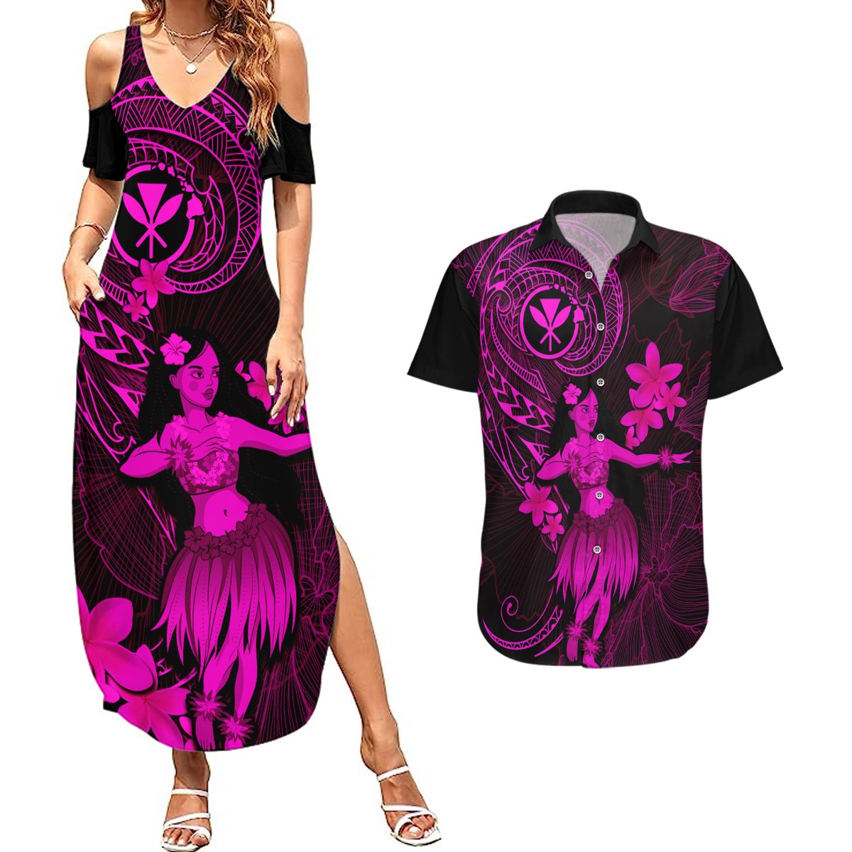 Hawaii Couples Matching Summer Maxi Dress and Hawaiian Shirt Hula Girl Mix Polynesian Plumeria Pink Version LT14 Pink - Polynesian Pride