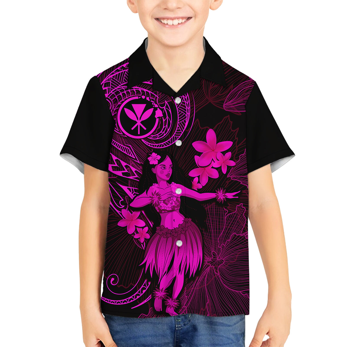 Hawaii Family Matching Off Shoulder Short Dress and Hawaiian Shirt Hula Girl Mix Polynesian Plumeria Pink Version LT14 Son's Shirt Pink - Polynesian Pride