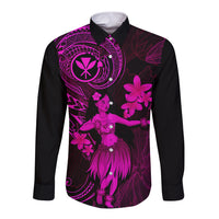 Hawaii Long Sleeve Button Shirt Hula Girl Mix Polynesian Plumeria Pink Version LT14 Unisex Pink - Polynesian Pride