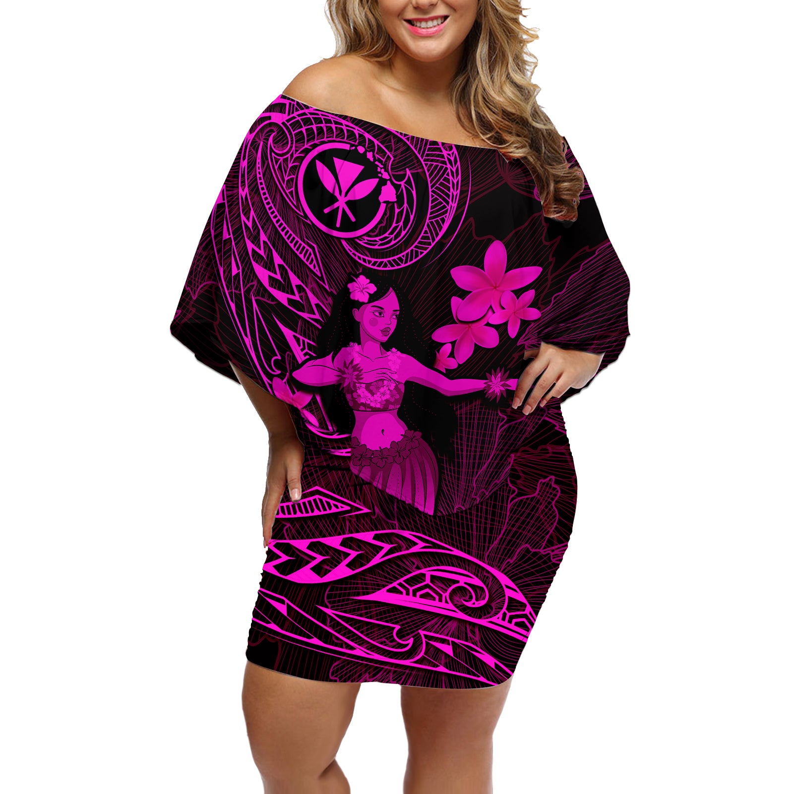 Hawaii Off Shoulder Short Dress Hula Girl Mix Polynesian Plumeria Pink Version LT14 Women Pink - Polynesian Pride