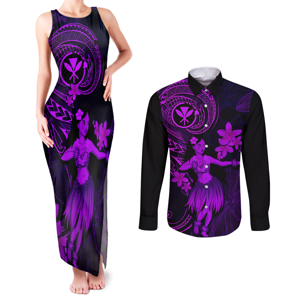 Hawaii Couples Matching Tank Maxi Dress and Long Sleeve Button Shirts Hula Girl Mix Polynesian Plumeria Purple Version LT14 Purple - Polynesian Pride
