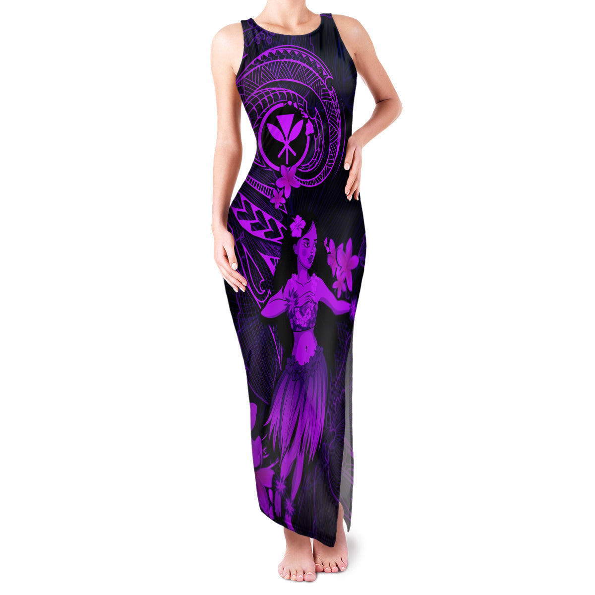 Hawaii Family Matching Tank Maxi Dress and Hawaiian Shirt Hula Girl Mix Polynesian Plumeria Purple Version LT14 Mom's Dress Purple - Polynesian Pride