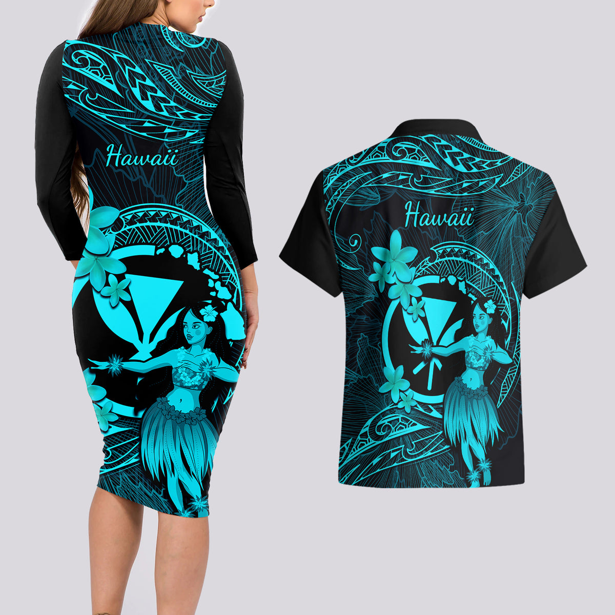 Hawaii Couples Matching Long Sleeve Bodycon Dress and Hawaiian Shirt Hula Girl Mix Polynesian Plumeria Turquoise Version LT14 - Polynesian Pride